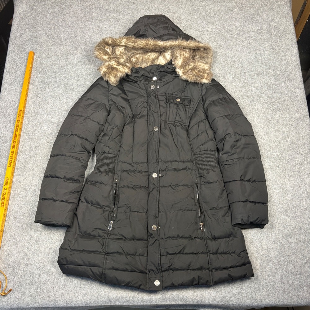 Laundry by Shelli Segal Womens Black Faux Fur Trim Hooded Puffer Coat Large